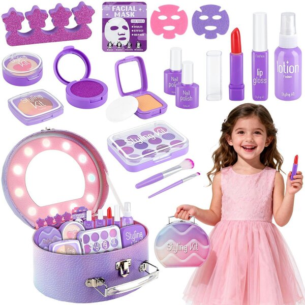 deAO Girls Pretend Makeup Kit with Carry Case - My First Kids Makeup Playset for Toddler Role Play & Imaginative Learning