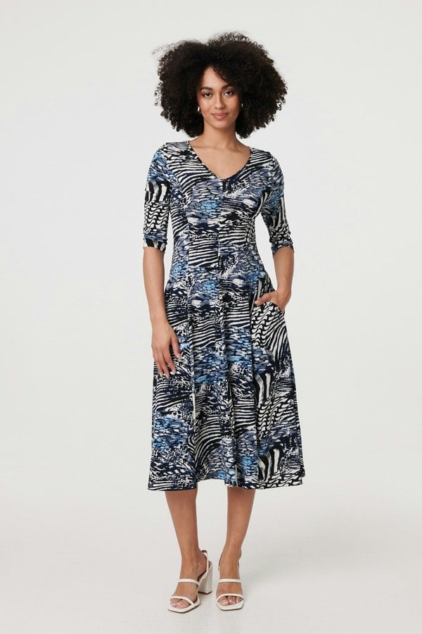 Blue | Abstract V-Neck 3/4 Sleeve Midi Dress
