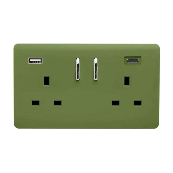 Trendi Switch 2 Gang USB 3100mA Type A & C USB Plug Socket in Moss Green