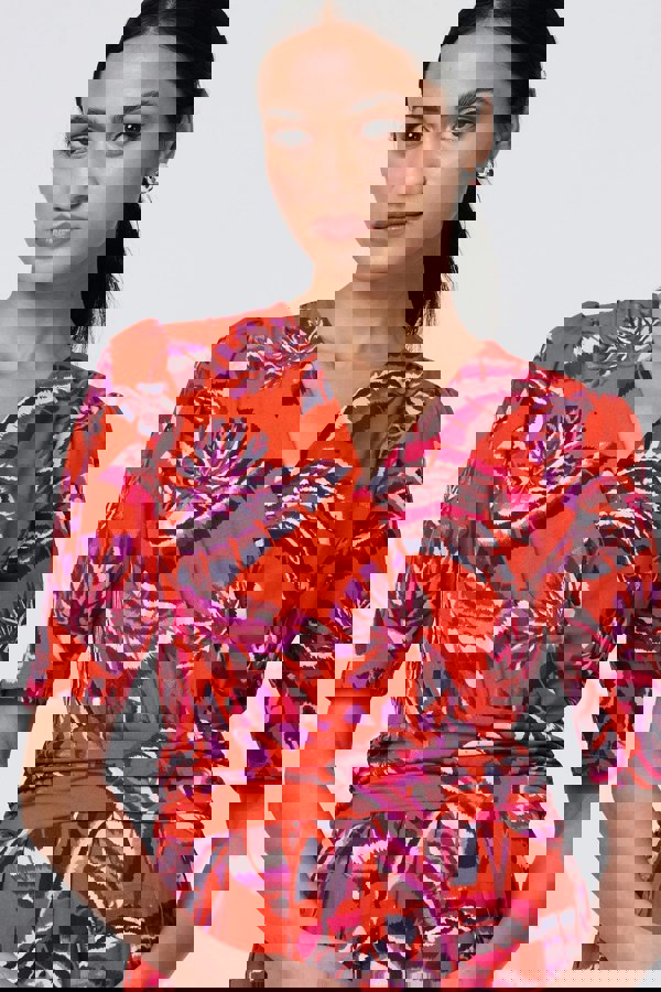 Orange | Tropical Print Faux Wrap Midi Dress