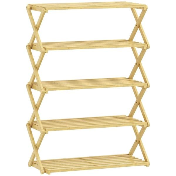 Natural bamboo five-tier folding shoe rack with open shelves and crisscross side frames