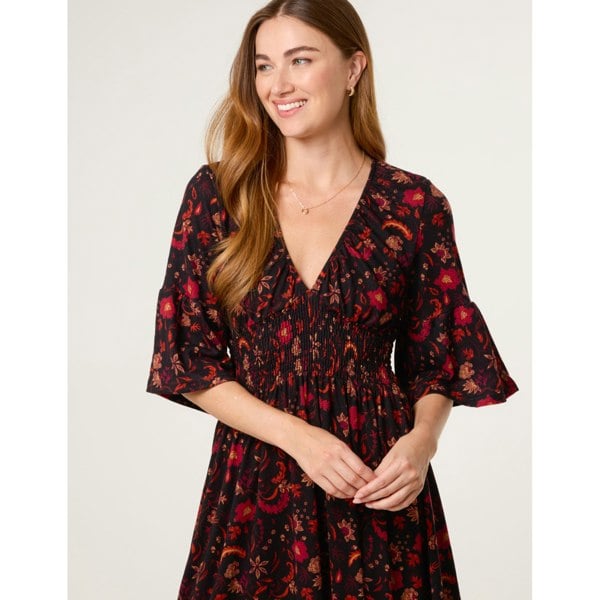 Blue Vanilla Paisley Shirred Waist V Neck Midi Dress