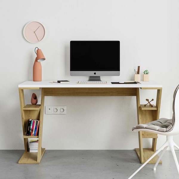 Decortie Papillon Desk with Bookshelf Storage Legs Modern Minimalist Workspace Desk 137x75x60 cm