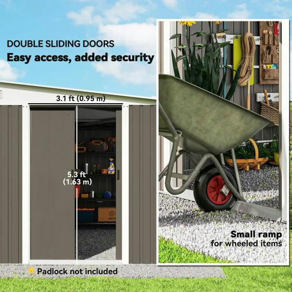 Grey metal shed with double sliding doors and small ramp for wheeled items