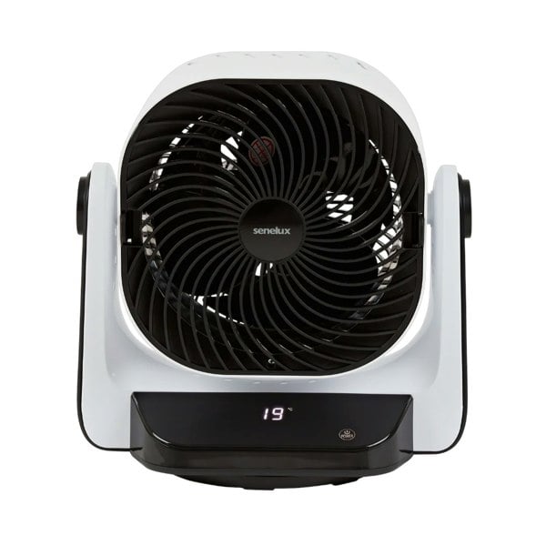 A close up image of the Senelux DC Air Circulator with the LED display along the bottom showing that the room is 19 degrees