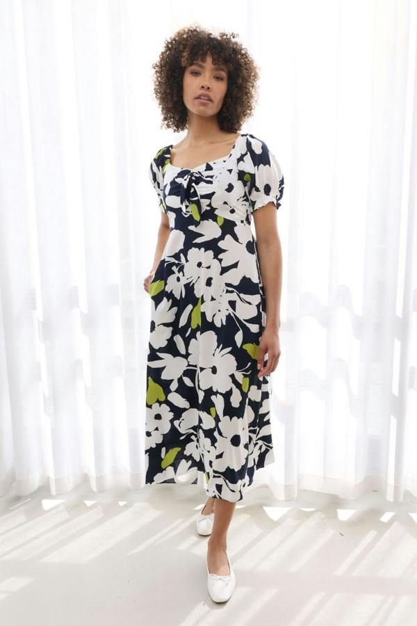 Navy | Floral Tie Front Puff Sleeve Midi Dress : Model is 5'8"/172 cm and wears UK8/EU36/US4/AUS8