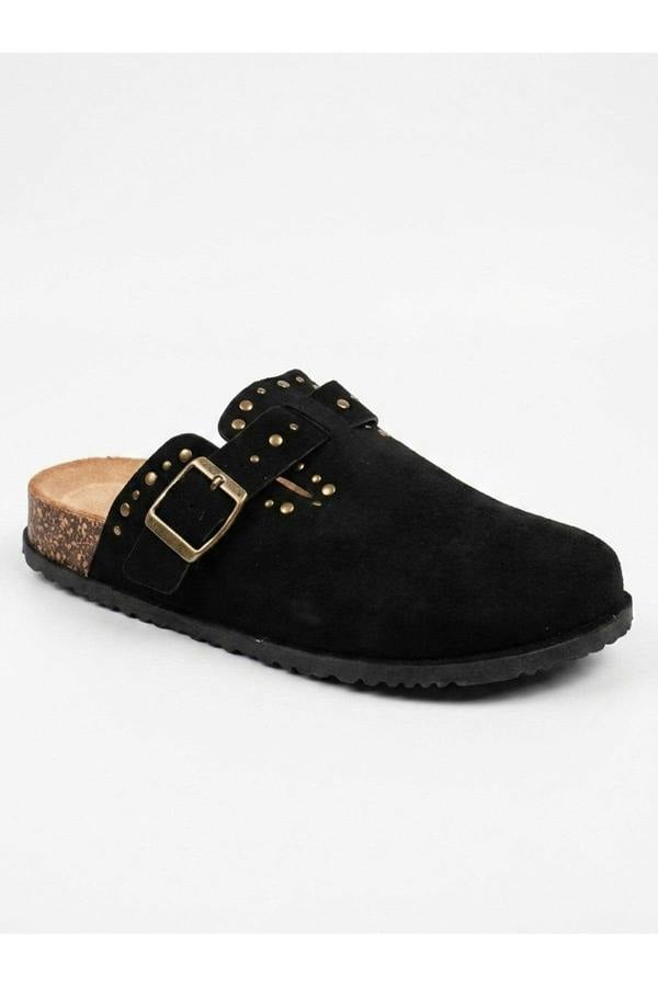 Demi Womens Studded Buckle Clog Mules - Black