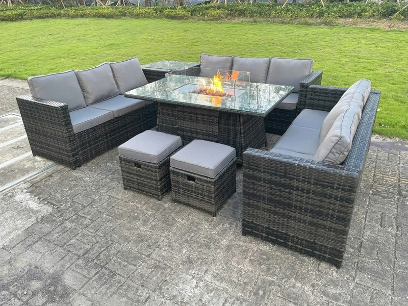 Fimous Rattan Outdoor Garden Furniture Set with Gas Fire Pit Dining Table, 3 Sofas, 1 Side Table, 2 Small Footstools - 11 Seater - Dark Grey