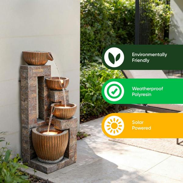 Gardenwize Solar Water Feature – Copper Falls Cascade Fountain with LED Lights & Battery Backup