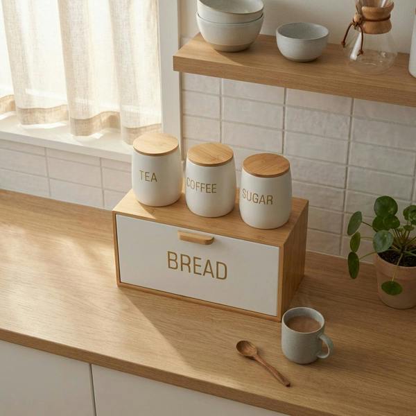 Maison des Cadeaux White Bamboo Metal Bread Bin & Canister Set