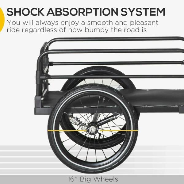 Black bicycle trailer with large wheel, suspension bar, and shock-absorbing frame