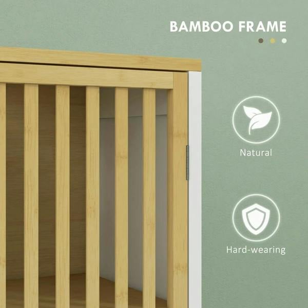 Bamboo frame under-sink cabinet front with vertical slats and natural wood finish