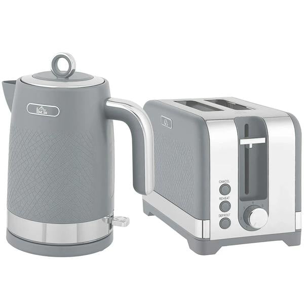 Grey textured kettle and toaster set with side handle and digital control panel