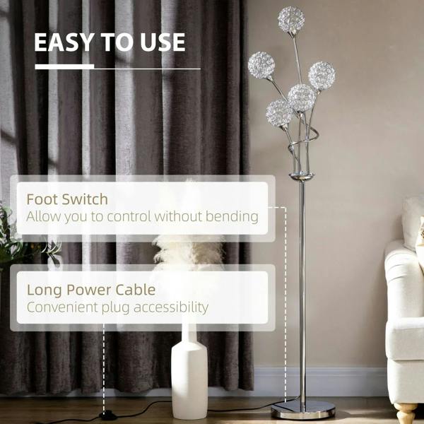 Silver crystal floor lamp with five crystal ball shades, foot switch, and power cord