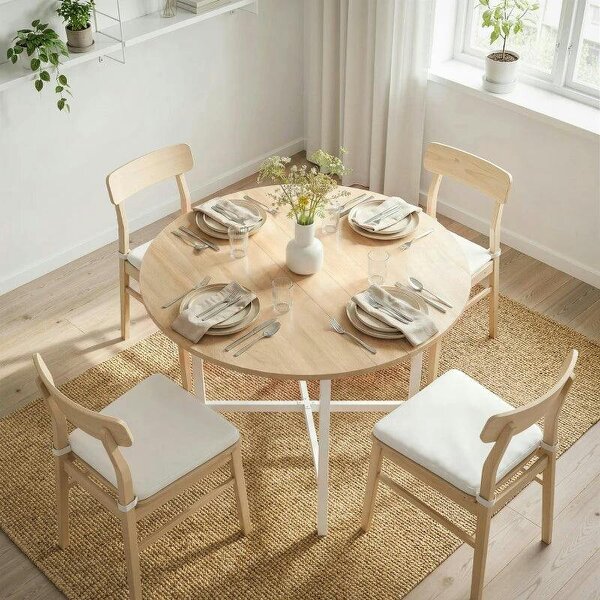 Folding Dining Table, Drop Leaf Extendable Kitchen Table for Small Spaces, Steel Frame, Natural Wood Finish