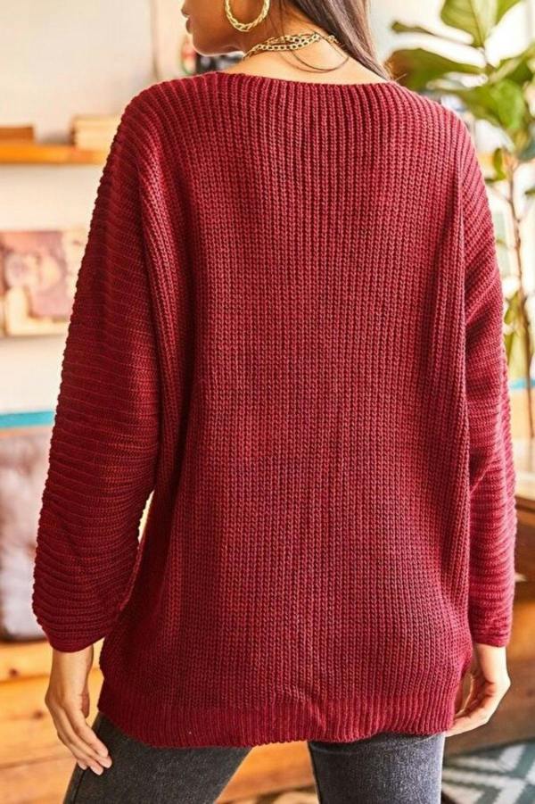 Hoxton Gal V-Neck Fisherman’s Rib Knit Oversized Sweater