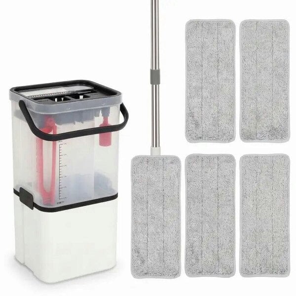 Bobobiy Mop and Bucket Set, Compact Flat Mop and Bucket with Wringer, 2-Port Design, 5 Reusable Microfiber Pads, White