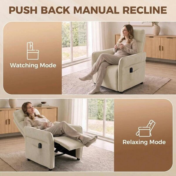 Recliner Armchair, Push Back Recliner Chair with Massage & Heat, Adjustable Armrests, Dual Side Pockets, Beige