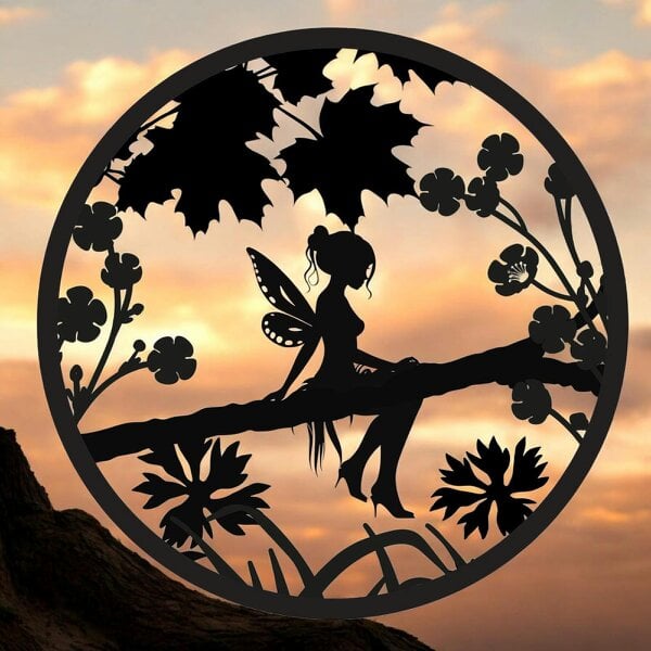 EDH Door Hardware Fairy Silhouette Solar Backlit Wall Art – 50 x 50 CM | Solar-Powered Metal LED Wall Décor for Indoor & Outdoor |  Garden Art