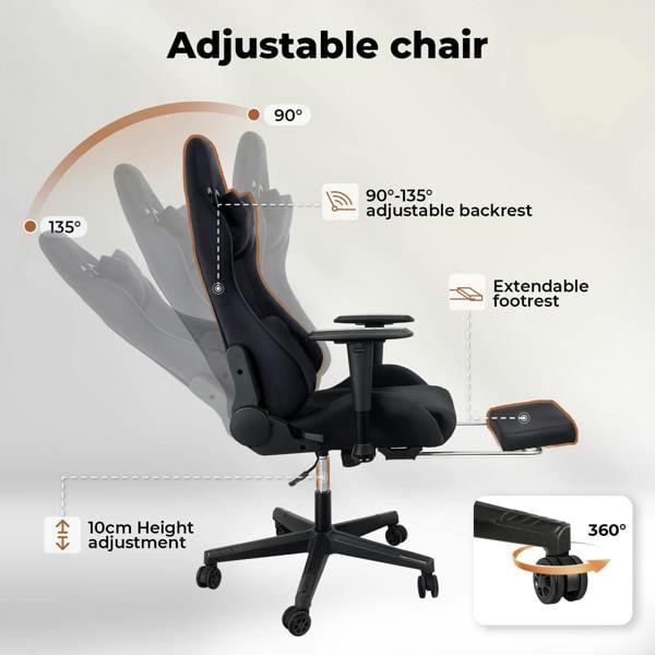 Levede Office Desk Chair Gaming Recliner Adjustable Height with Footrest Black