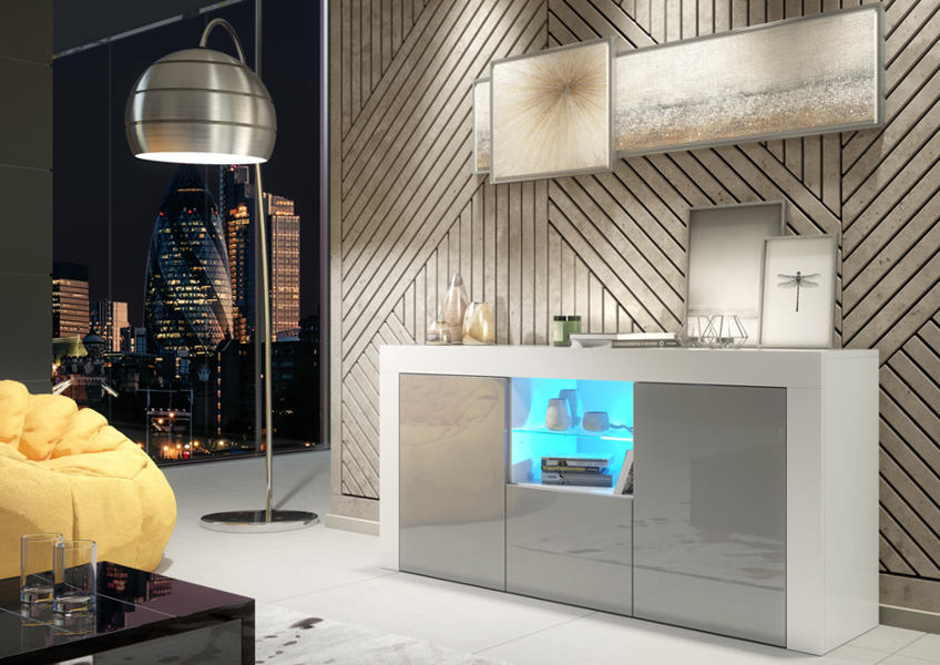 Mex Furniture Modern 145cm TV Unit, Cabinet Stand & with Grey Gloss Doors & Free LED