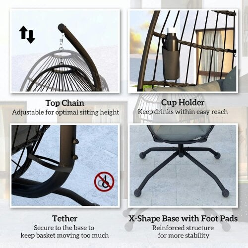 Bobobiy Hanging Egg Chair Garden Swing Chair with Folding Basket and Thickened Cushion, Garden Hanging Chair with Stand, Cup Holder, Dark Grey
