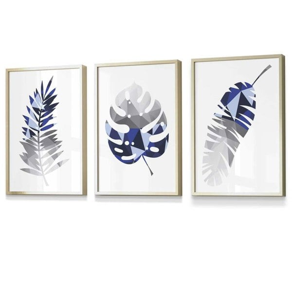 Artze Wall Art GEOMETRIC Set of 3 Blue & Grey Tropical Leaves Framed Prints