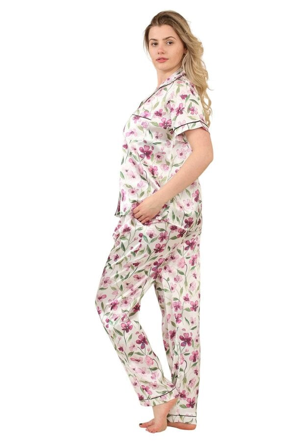 Luxury Floral Satin Pajama Set for Women - Short Sleeve Button-Up Top and Long Pants With pockets