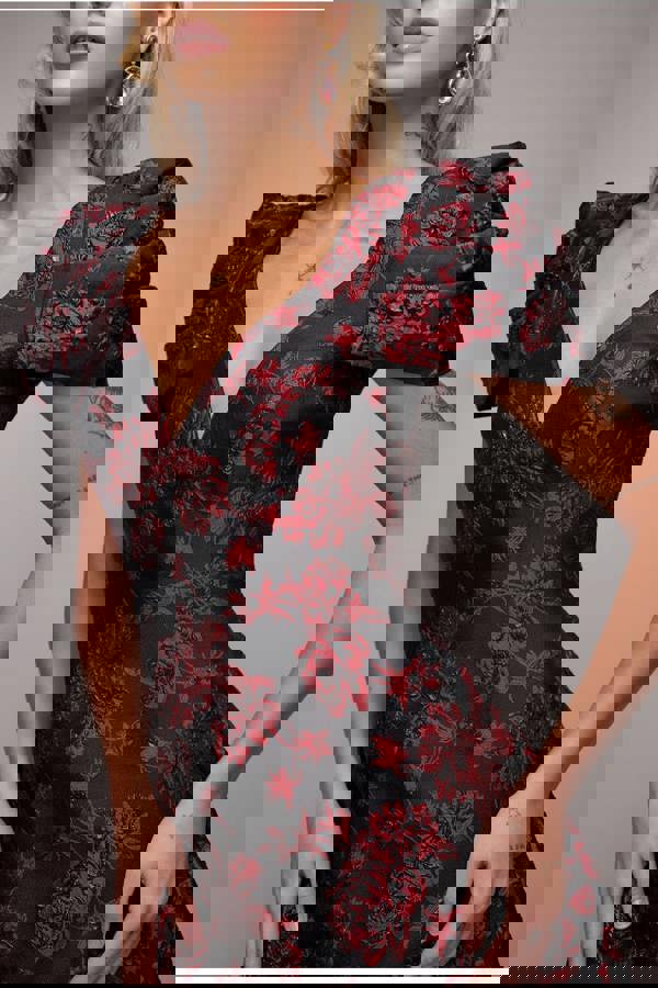 Plunging Neck Pleated Sleeve Jacquard Mini Dress - Black DR4772