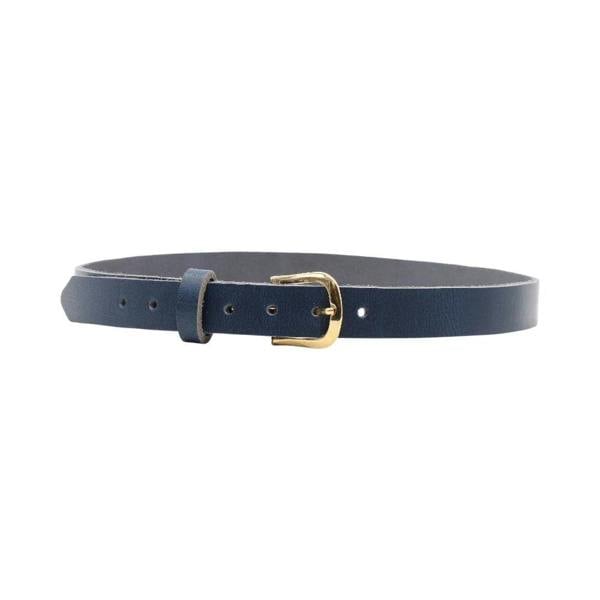 Full width view of Navy belt with a gold buckle on a white background