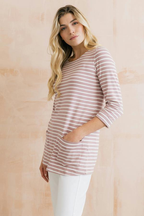 Lily & Me Coastal 3/4 Sleeve Jersey Stripe Tunic Soft Pink