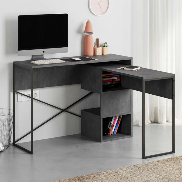 Decortie Modern Badau L-Shaped Computer Desk Metal Legs 3 Adjustable Storage Shelf Extra Table 110cm(W) Work PC Office