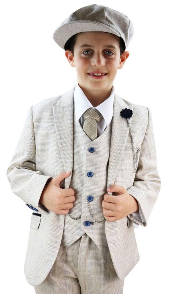 House of Cavani Boys 3 Piece Cream Herringbone Tweed Check Classic  Suit