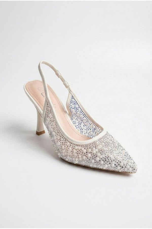 Saoirse Embellished Mesh Pointed Toe Heels - White