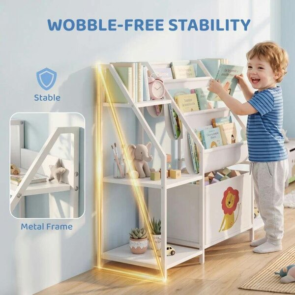 Kids Bookshelf and Toy Storage with 3-Tier Sling Book Rack and Fabric Drawer for Nursery, Bedroom, Playroom, White