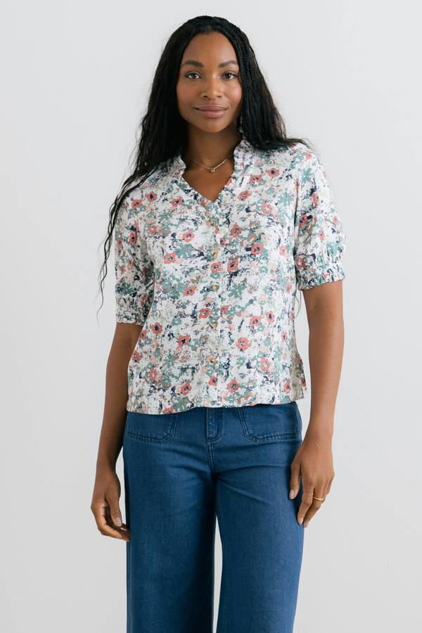 Lily & Me Wren Printed Frill Blouse Ecru