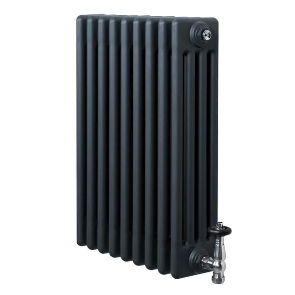 Traditional anthracite grey 4 column radiator with a sleek, textured finish and polished valve, measuring 600 x 425mm
