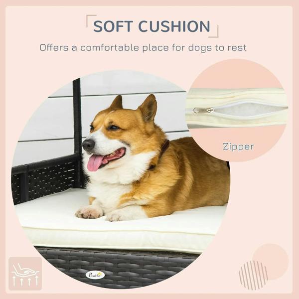 Cream cushion with zipper on dark wicker dog house bed, shown with close-up