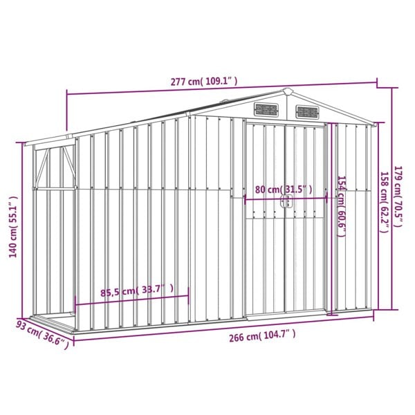 Berkfield Garden Shed Grey 277x93x179 cm Galvanised Steel