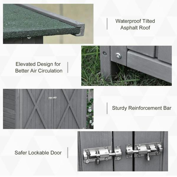 Grey wooden garden shed with green asphalt roof edge and door hardware details