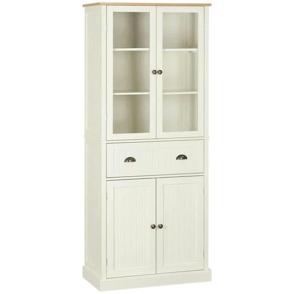Cream white freestanding kitchen cupboard with glass doors, drawers, and paneled cabinet doors