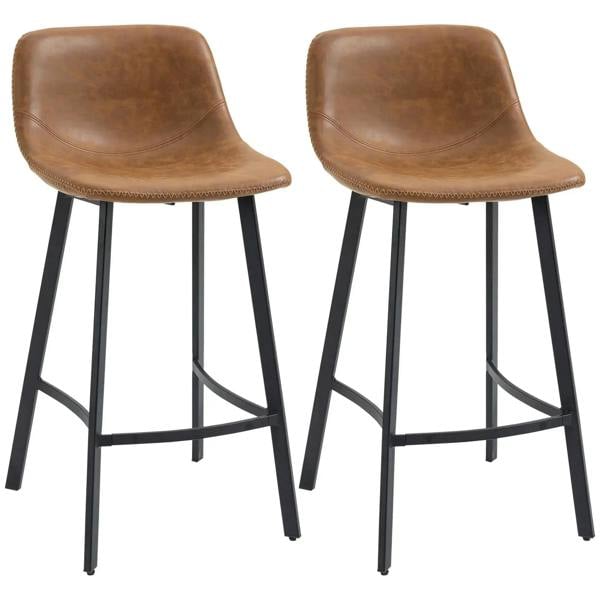 Set of 2 brown bar stools with cushioned seat and black metal legs, front view