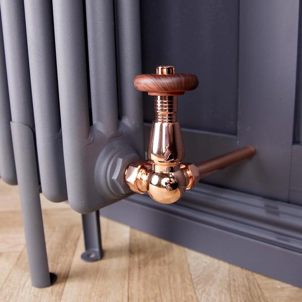 Flode Traditional Style Corner Wood Effect Head TRV & Lockshield | 15mm x 1/2" | Copper