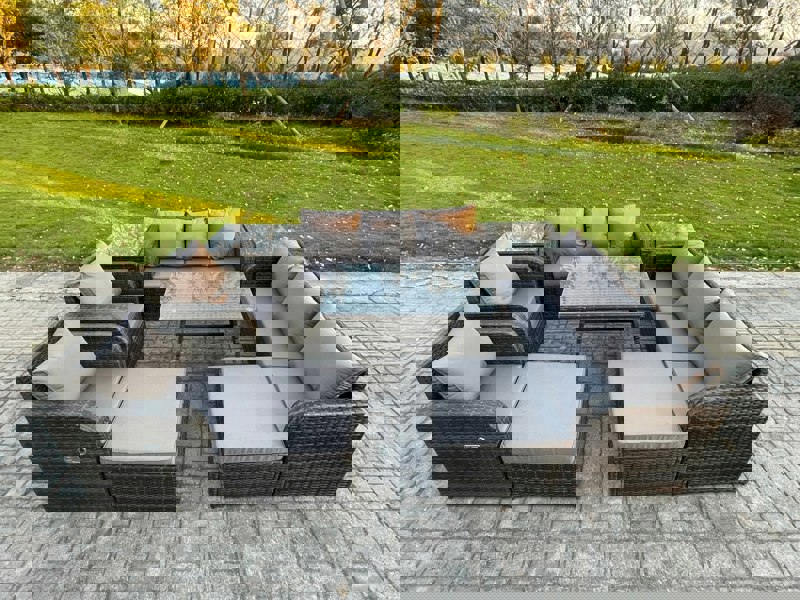 Fimous Outdoor Lounge Sofa Set Wicker PE Rattan Garden Furniture Set with Rectangular Dining Table 2 Side Tables 2 Big Footstool Dark Grey Mixed