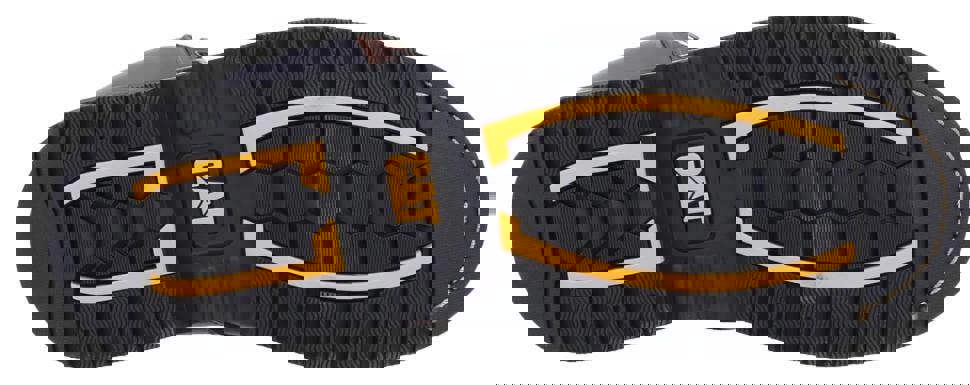 Caterpillar PowerPlant Mens SB Safety Classic Steel Toe Work Boots, black and yellow rubber sole with sturdy tread pattern.