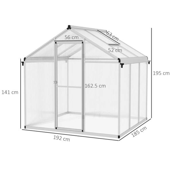 Rectangular aluminium frame greenhouse with clear side panels and sloped roof.