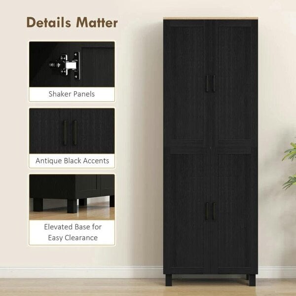 Freestanding Kitchen Cupboard, 4-Door Storage Cabinet with Adjustable Shelves, Modern Kitchen Pantry, 170cm, Black