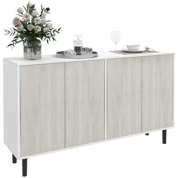 Light wood storage sideboard with four front doors and black legs, smooth countertop