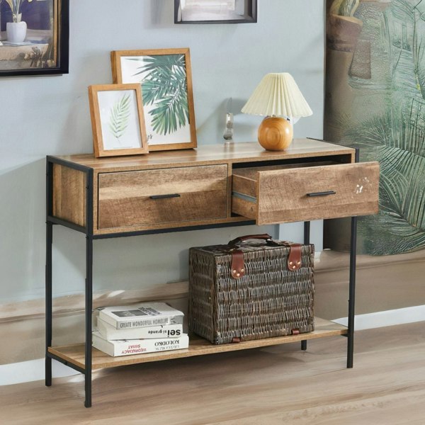 Rafaelo Mobilia Industrial Console Table With 2 Drawers & Storage Shelf