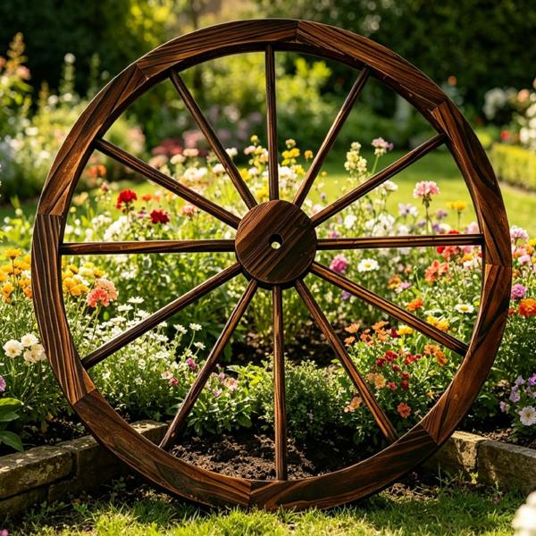 Gr8 Garden Large 90cm Wooden Wagon Wheel Rustic Garden Wall & Fence Decor